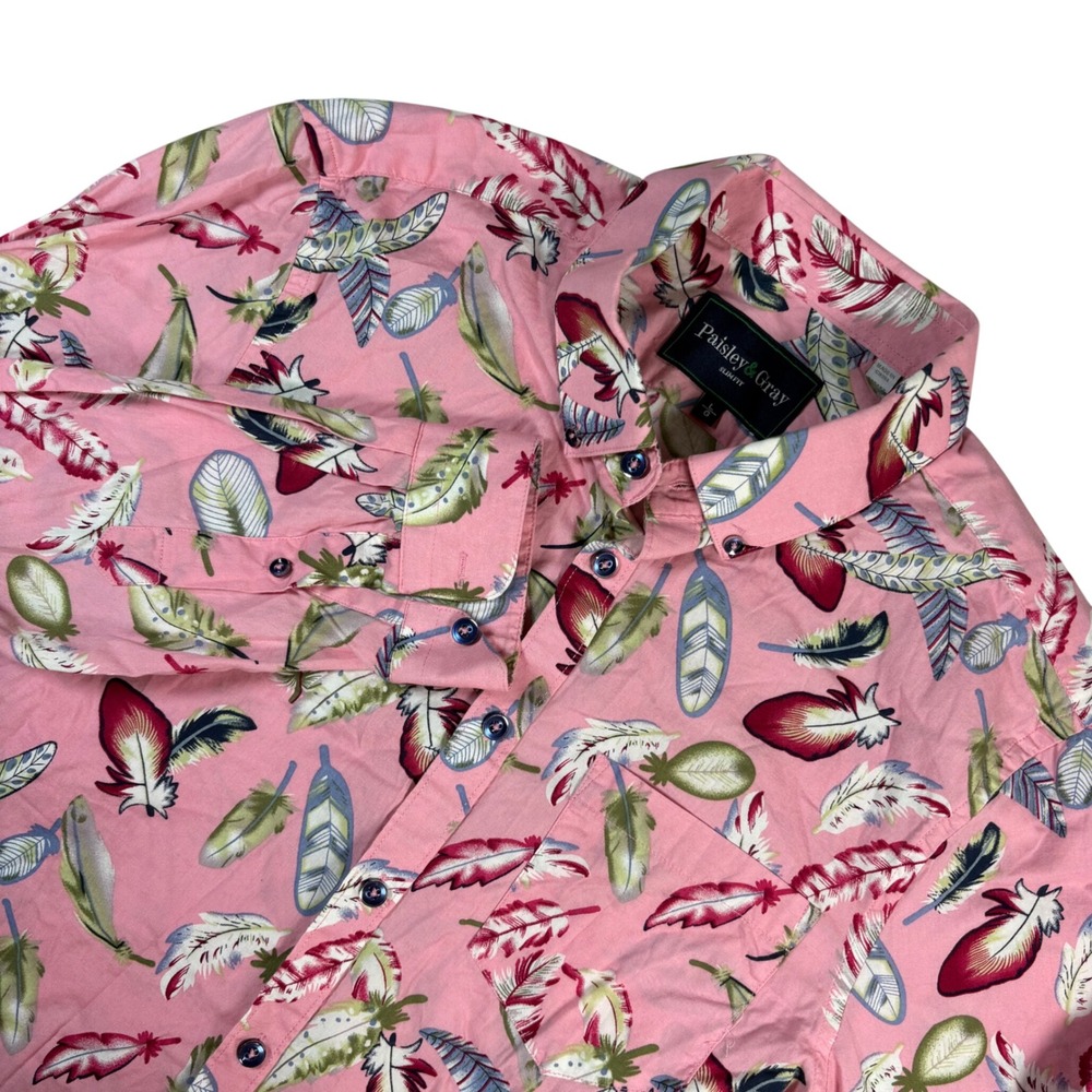 Paisley & Gray Slim Fit Feather Print Button Down Shirt Mens Large Pink Cotton